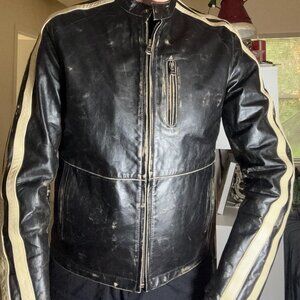 YUKA LUX Leather Moto Jacket – Black w/ White Racing Stripes (M)